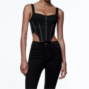 NWT ZARA DENIM CORSET TOP BLOGGERS FAV EXPOSED SEAM BLACK Small